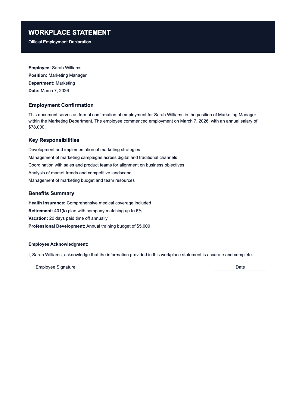 Corporate formal workplace statement